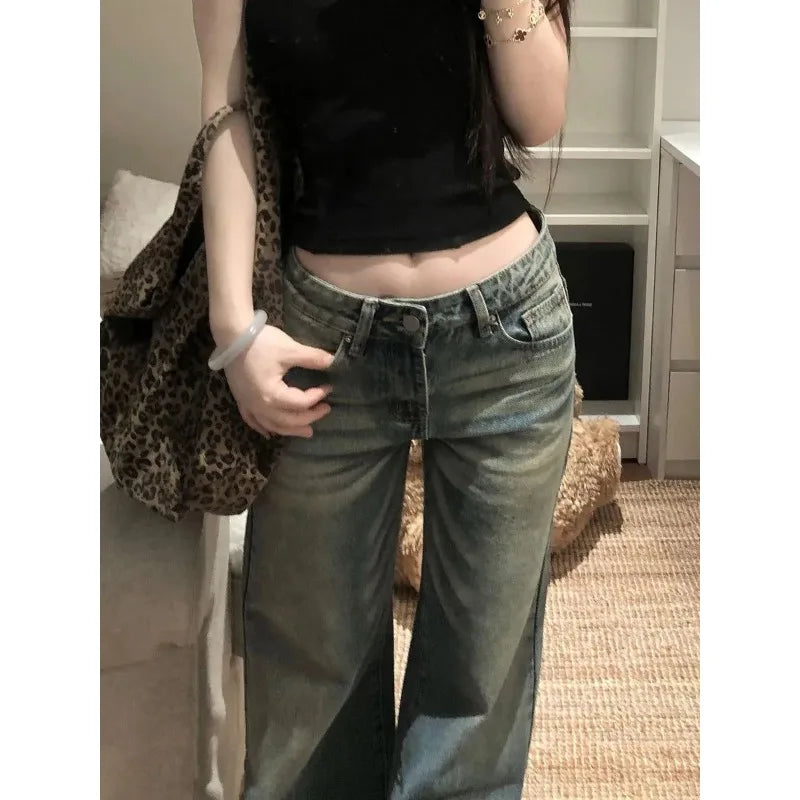 Women Vintage Washed Wide Leg Jeans High Waist Loose Flared Denim Pants Casual Streetwear Trousers