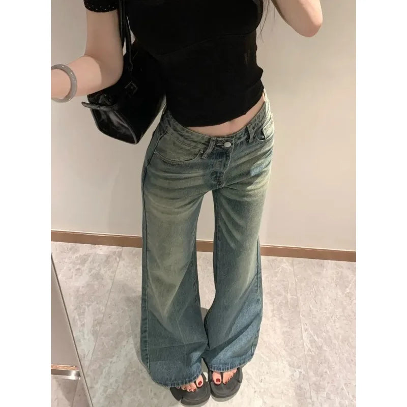 Women Vintage Washed Wide Leg Jeans High Waist Loose Flared Denim Pants Casual Streetwear Trousers