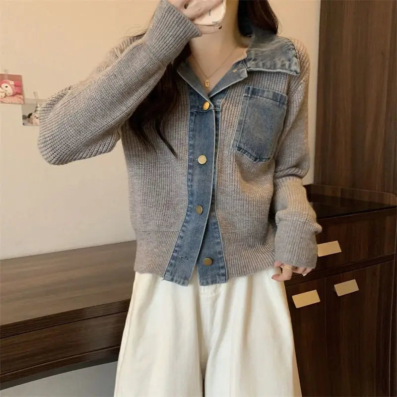 Sweater Denim Girl Splicing POLO Neck Fake Two-Piece Age-Reducing Trendy Large-Size Knitted Cardigan Top