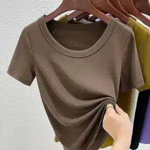 Women'S High Stretch Ribbed T-Shirt Crew Neck Short Sleeve Loose Casual Summer Top