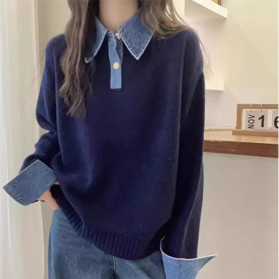 New Autumn Winter Polo Collar Denim Splicing Sweater Women'S Fashion Red Ice Silk Thin Thread Cardigan Sleeveless Pure Color
