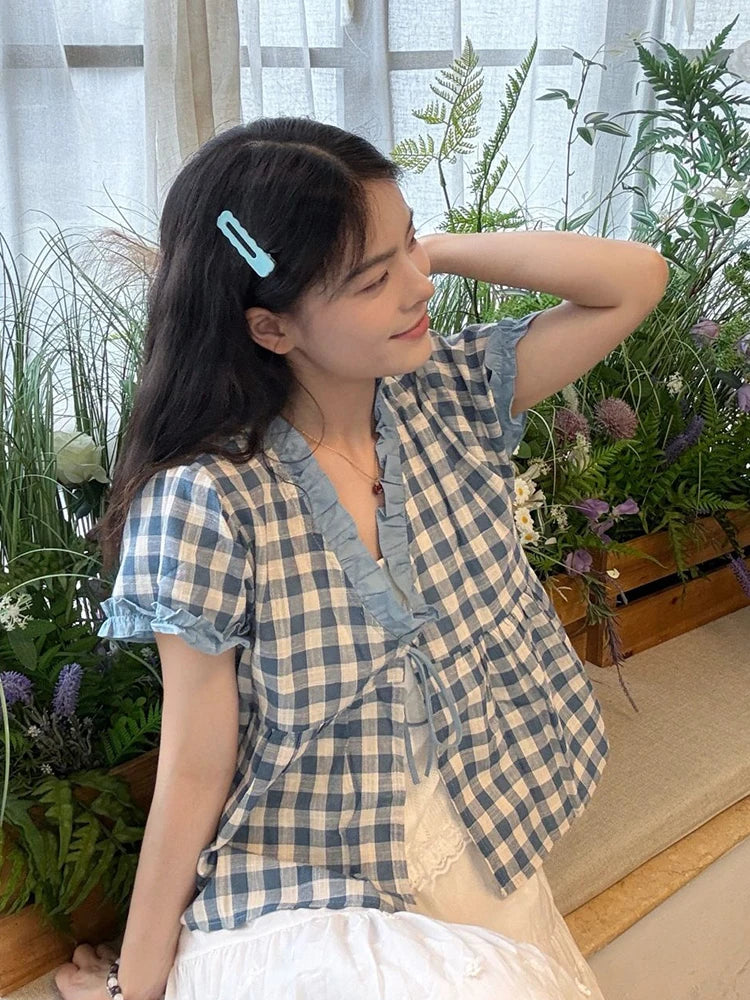 Cute Casual Plaid Blouse Women Loose Lace Patchwork Korean Shirt Summer Vintage Short Sleeve V Neck Female Sweet Tops New