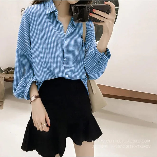 Women Shirt Plaid Blouses Lantern Sleeves Turn down Collar Single Breasted Slight Strech Slim Fit Office Lady Casual 2026 Autumn