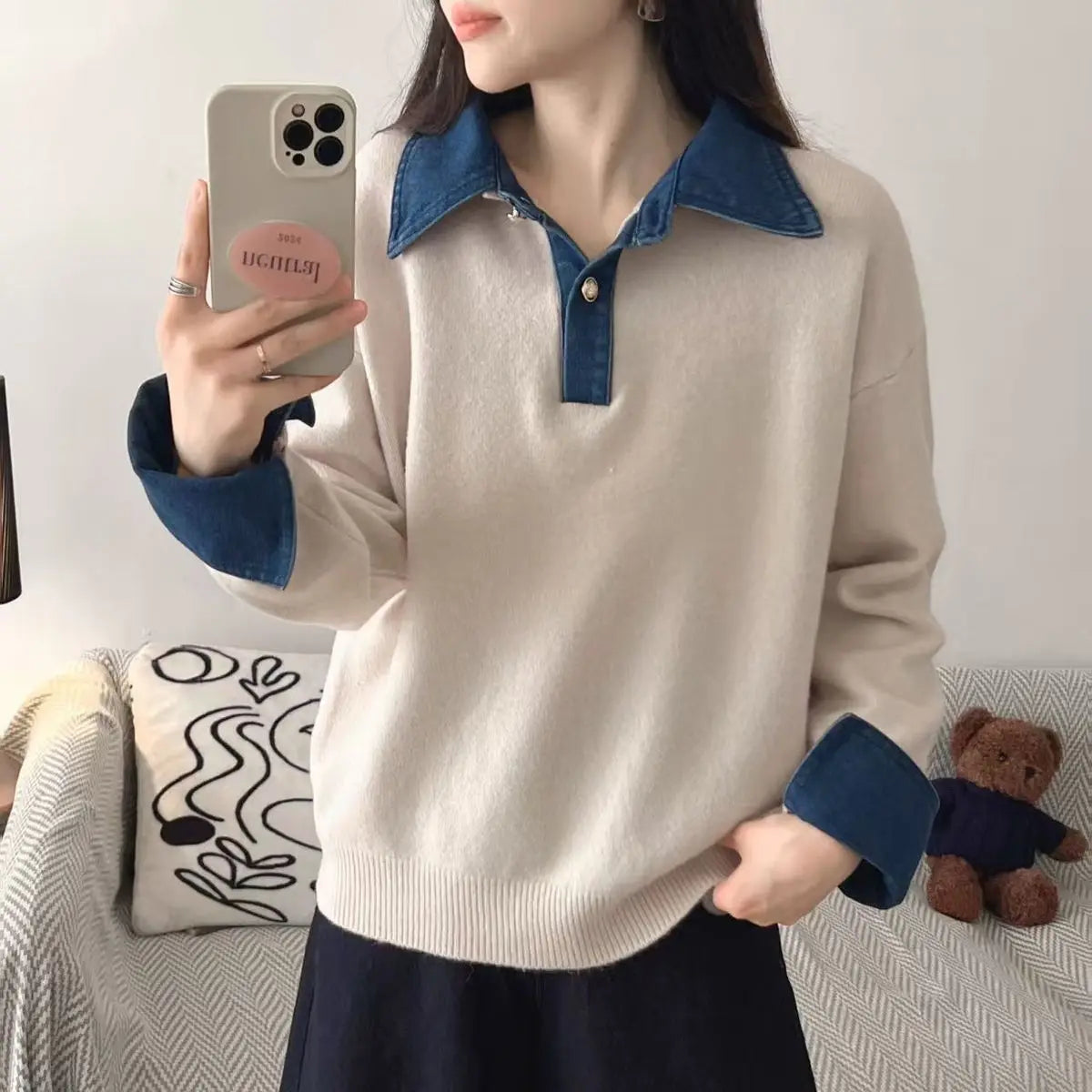 New Autumn Winter Polo Collar Denim Splicing Sweater Women'S Fashion Red Ice Silk Thin Thread Cardigan Sleeveless Pure Color