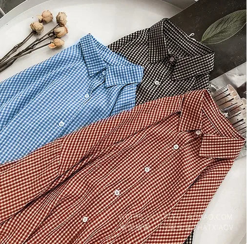 Women Shirt Plaid Blouses Lantern Sleeves Turn down Collar Single Breasted Slight Strech Slim Fit Office Lady Casual 2026 Autumn