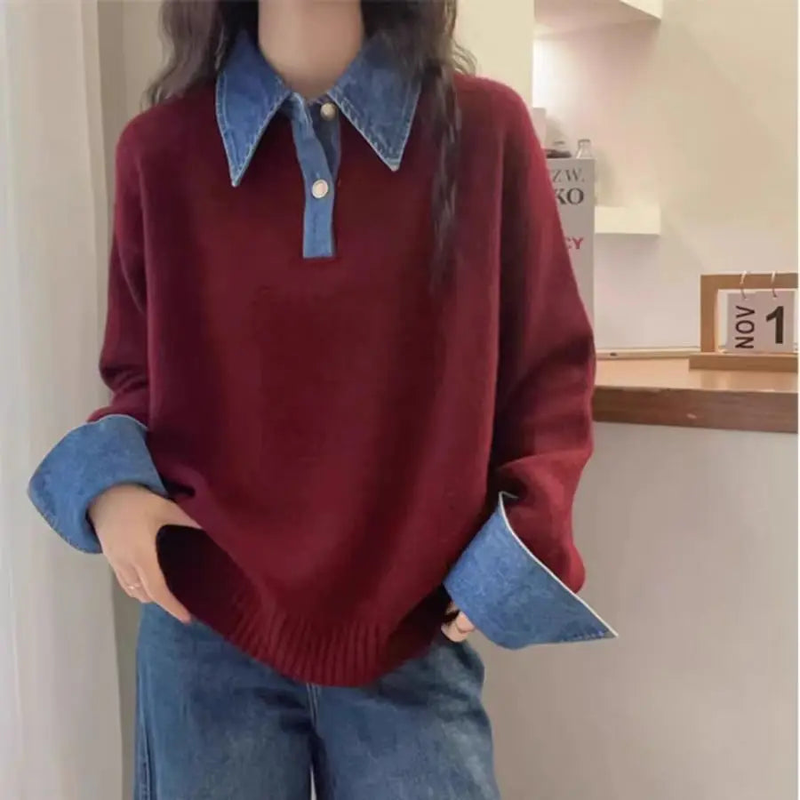 New Autumn Winter Polo Collar Denim Splicing Sweater Women'S Fashion Red Ice Silk Thin Thread Cardigan Sleeveless Pure Color
