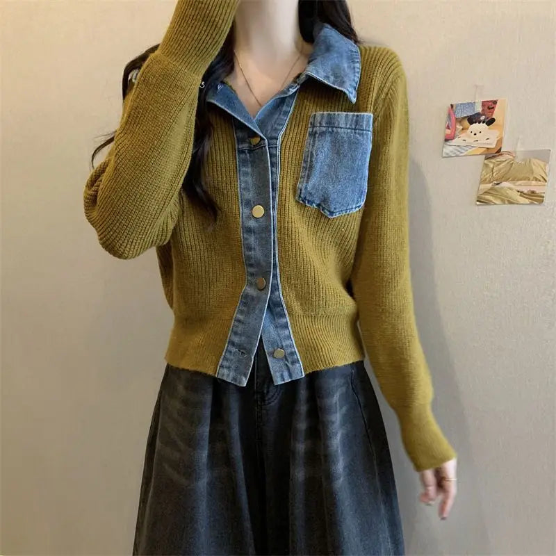 Sweater Denim Girl Splicing POLO Neck Fake Two-Piece Age-Reducing Trendy Large-Size Knitted Cardigan Top