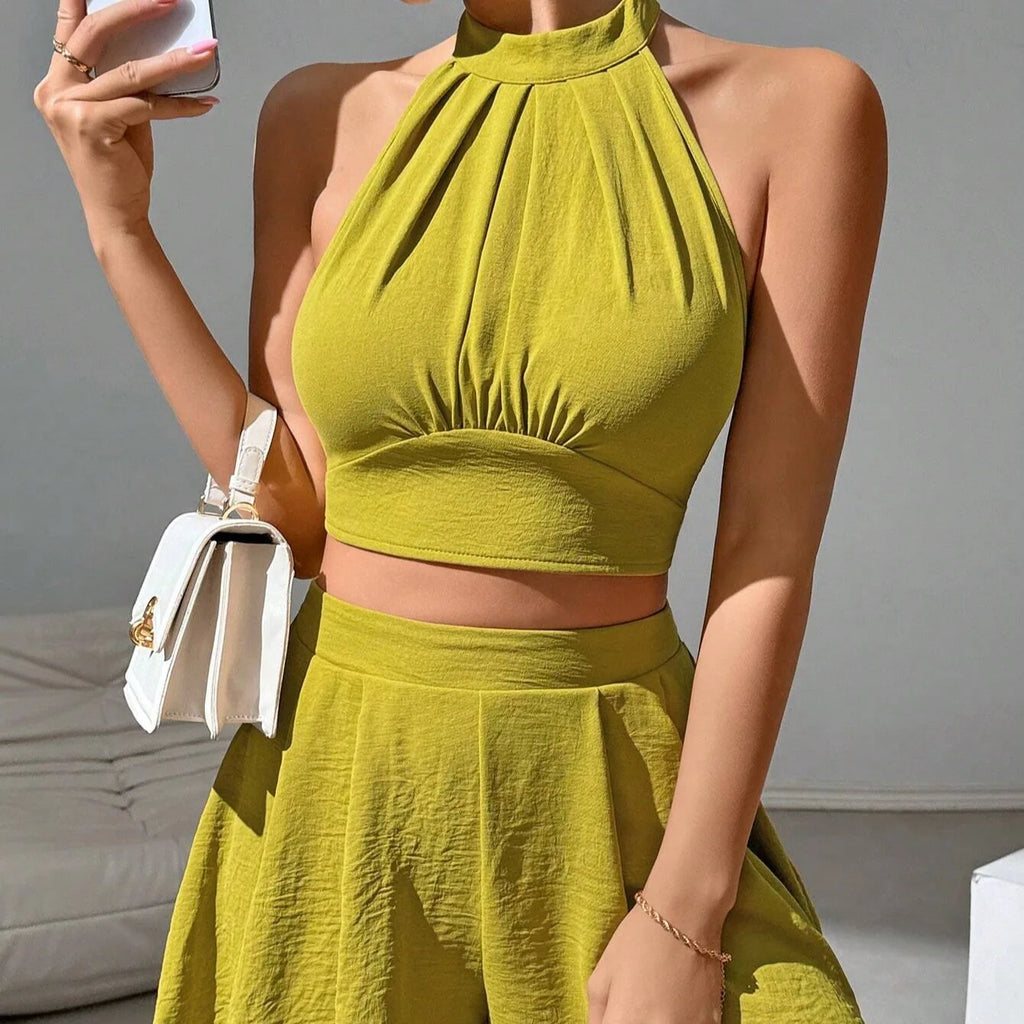 Summer Two Piece Set Women Yellow Sexy off Shoulder Halter Bandage Short Tops + High Waist Pleated Shorts Skirt Streetwear Trend