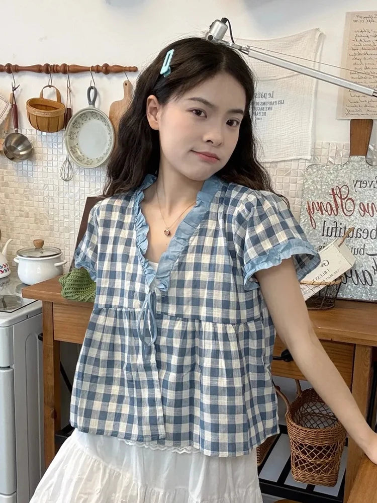 Cute Casual Plaid Blouse Women Loose Lace Patchwork Korean Shirt Summer Vintage Short Sleeve V Neck Female Sweet Tops New