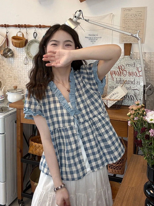 Cute Casual Plaid Blouse Women Loose Lace Patchwork Korean Shirt Summer Vintage Short Sleeve V Neck Female Sweet Tops New