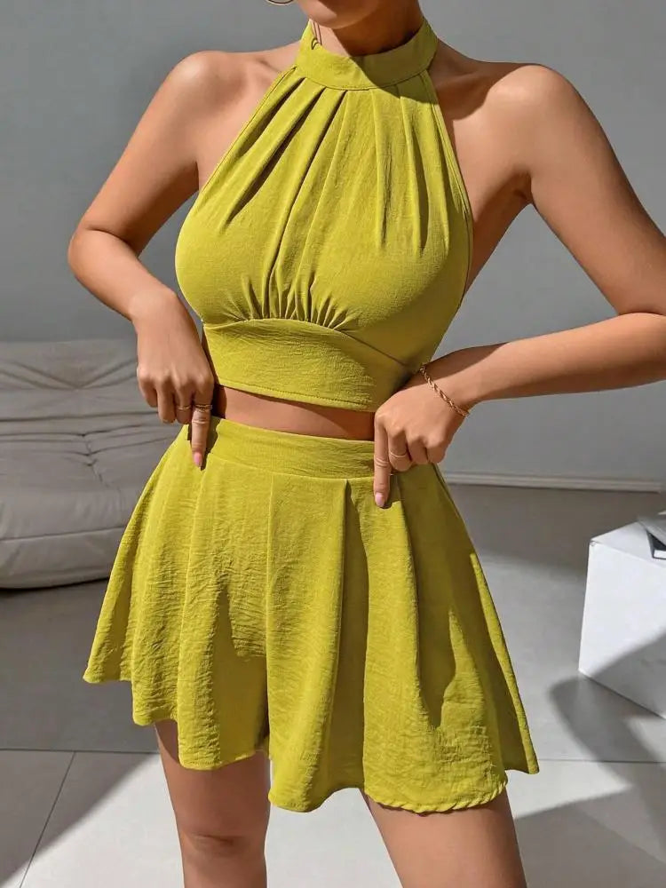 Summer Two Piece Set Women Yellow Sexy off Shoulder Halter Bandage Short Tops + High Waist Pleated Shorts Skirt Streetwear Trend