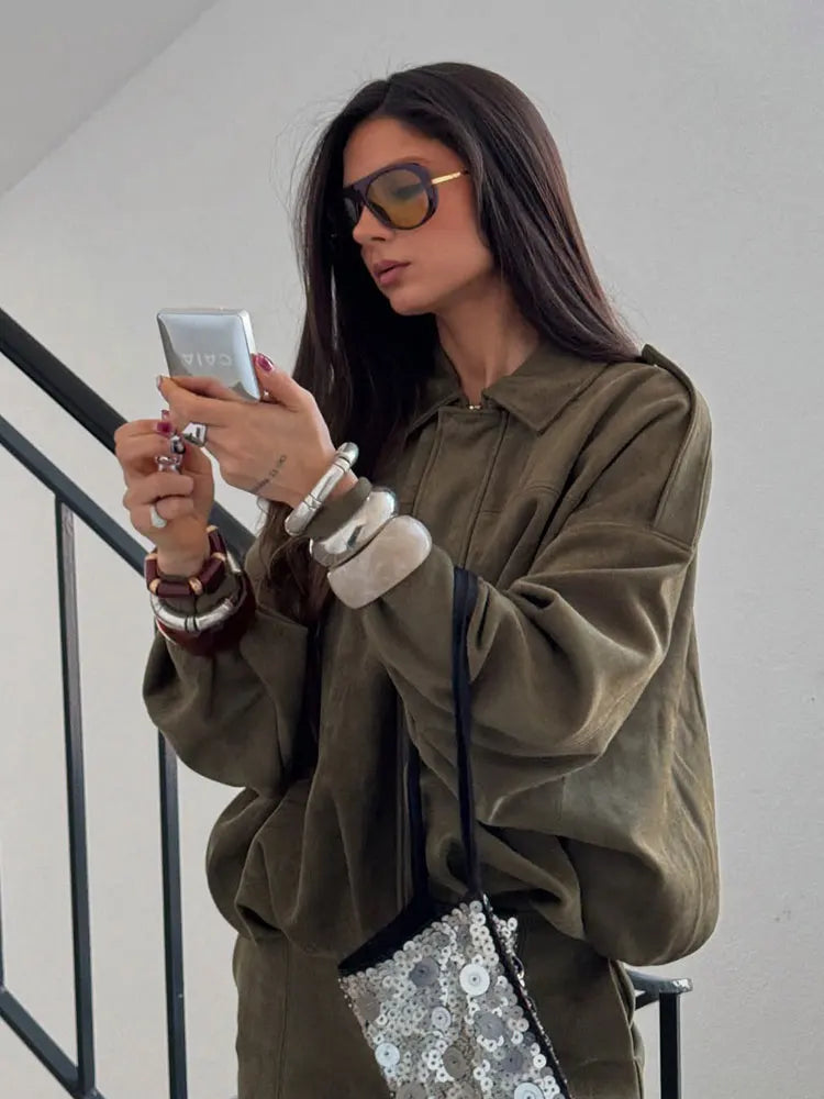 HH Women Brown Green Suede Jacket Loose Casual Bomber Coat Lapel Zipper Long Sleeve Jackets Vintage Lady Motorcycle Outwears