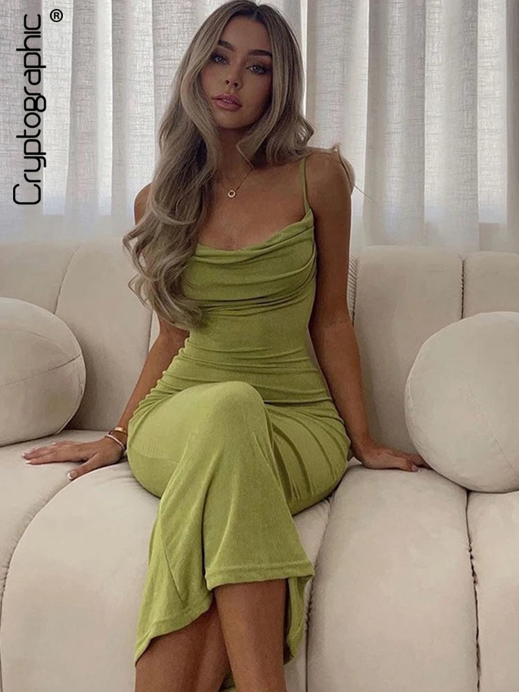 Elegant Sexy Draped Maxi Dress Summer Outfits for Women Gown Club Party Sleeveless Spaghetti Strap Dresses Bodycon