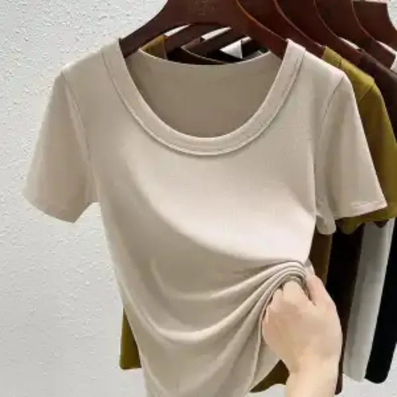 Women'S High Stretch Ribbed T-Shirt Crew Neck Short Sleeve Loose Casual Summer Top