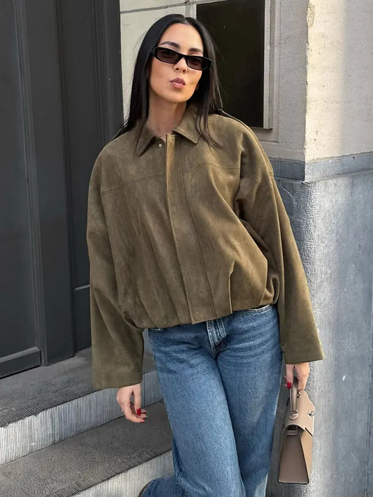 HH Women Brown Green Suede Jacket Loose Casual Bomber Coat Lapel Zipper Long Sleeve Jackets Vintage Lady Motorcycle Outwears