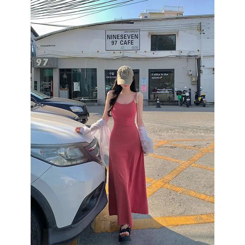 Women'S Sleeveless Spaghetti Strap Midi Dress Hepburn Style French Pure Desire Bodycon Flare Dress Casual Vacation Beach Outfit