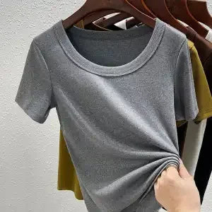 Women'S High Stretch Ribbed T-Shirt Crew Neck Short Sleeve Loose Casual Summer Top