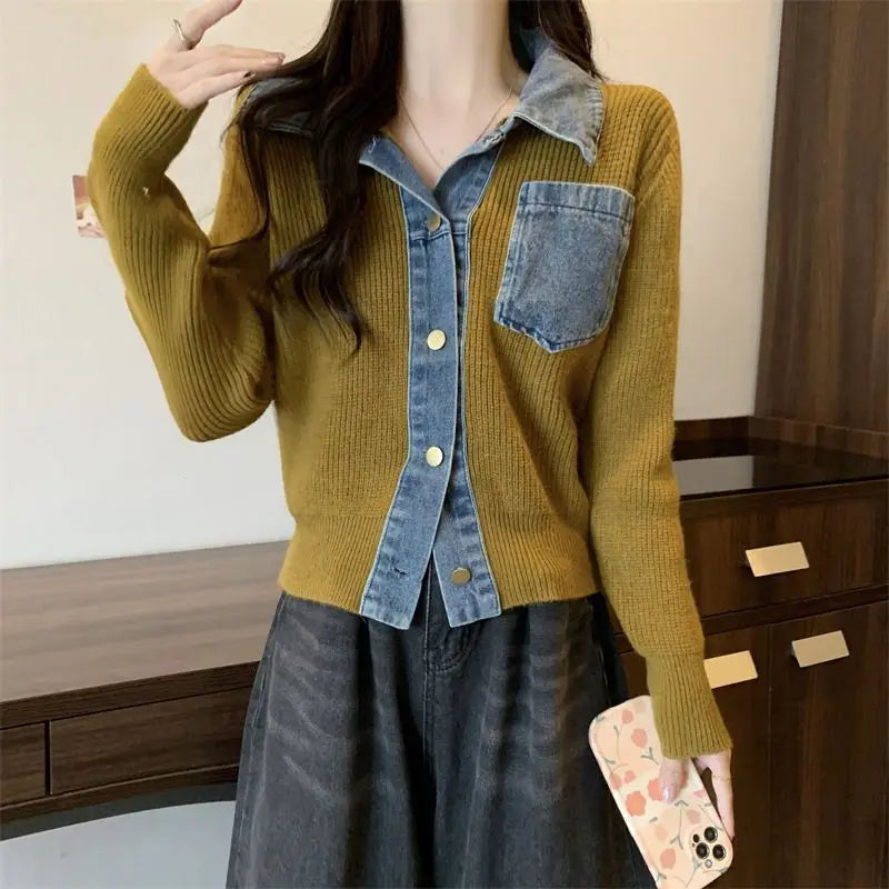Sweater Denim Girl Splicing POLO Neck Fake Two-Piece Age-Reducing Trendy Large-Size Knitted Cardigan Top
