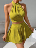 Summer Two Piece Set Women Yellow Sexy off Shoulder Halter Bandage Short Tops + High Waist Pleated Shorts Skirt Streetwear Trend