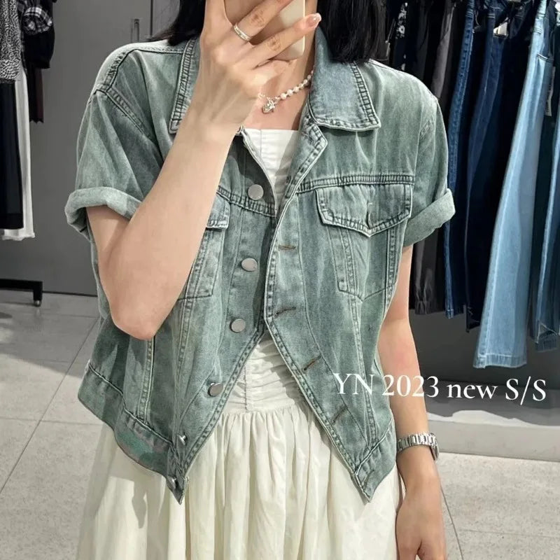 Women'S Vintage Washed Short Sleeve Cropped Denim Jacket Casual Summer Outerwear