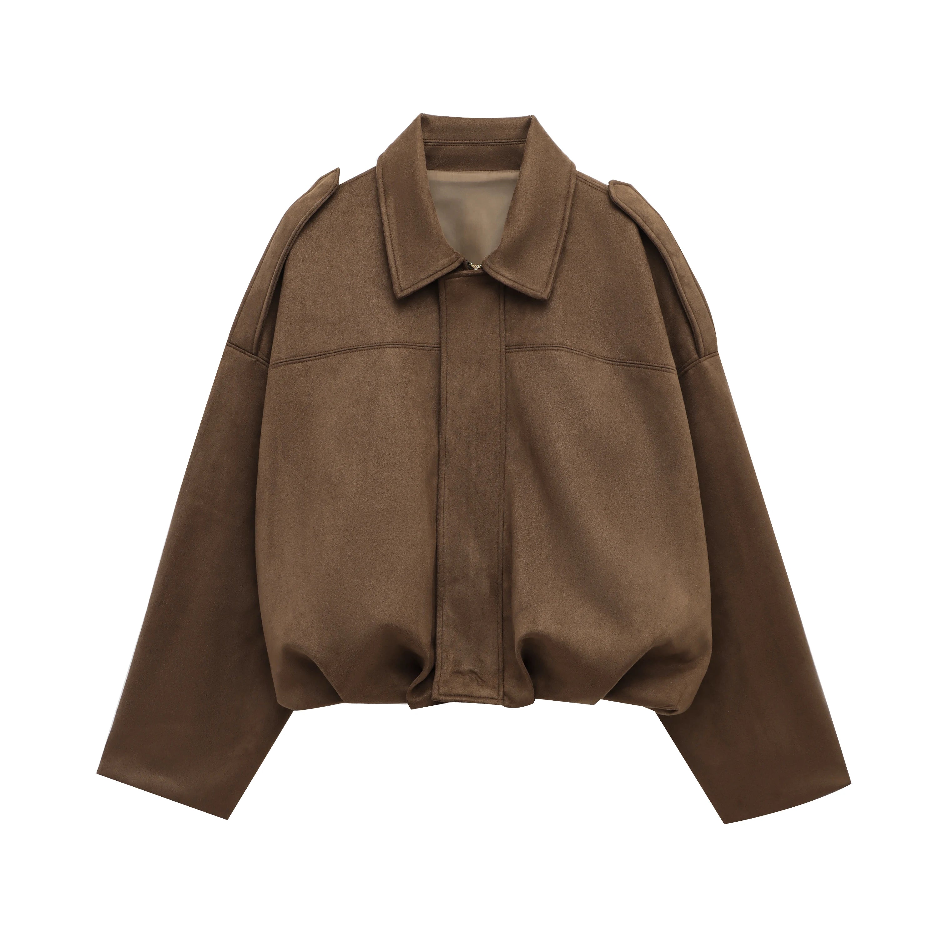 HH Women Brown Green Suede Jacket Loose Casual Bomber Coat Lapel Zipper Long Sleeve Jackets Vintage Lady Motorcycle Outwears