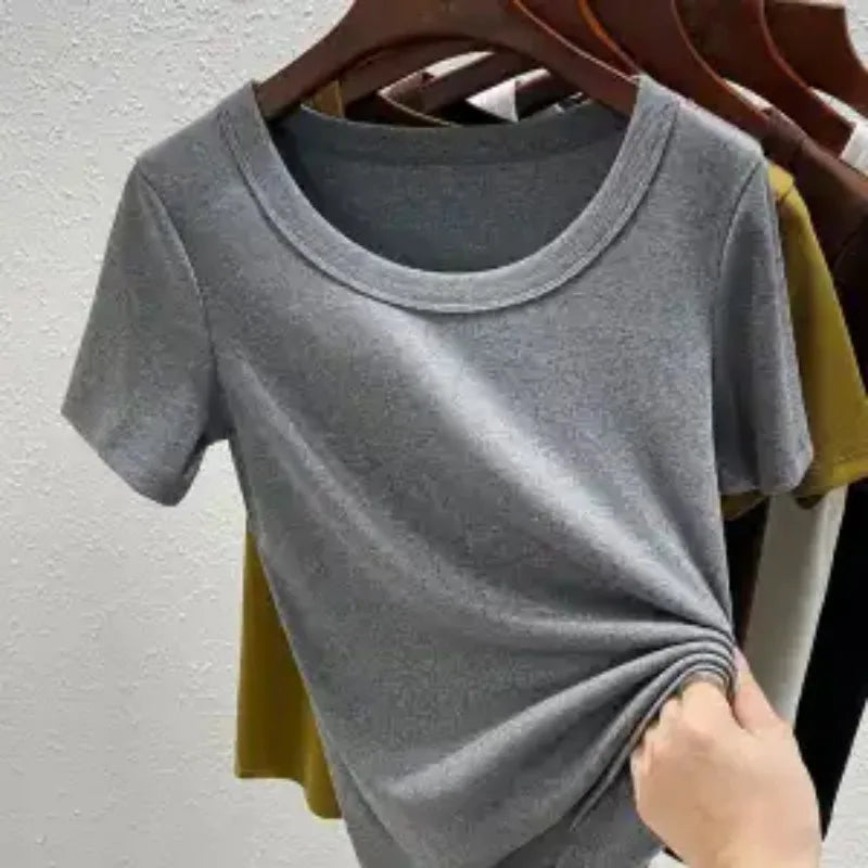 Women'S High Stretch Ribbed T-Shirt Crew Neck Short Sleeve Loose Casual Summer Top