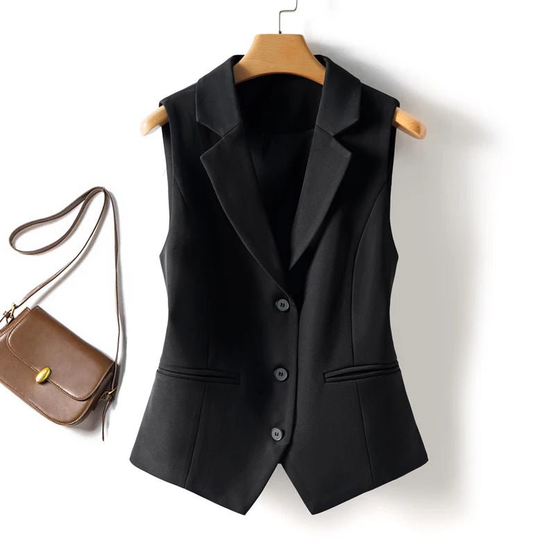 Black Sleeveless Suit Vest for Women, Short Single-Breasted Workplace Elegant, Slim and Versatile Vest Top, Spring & Fall Style