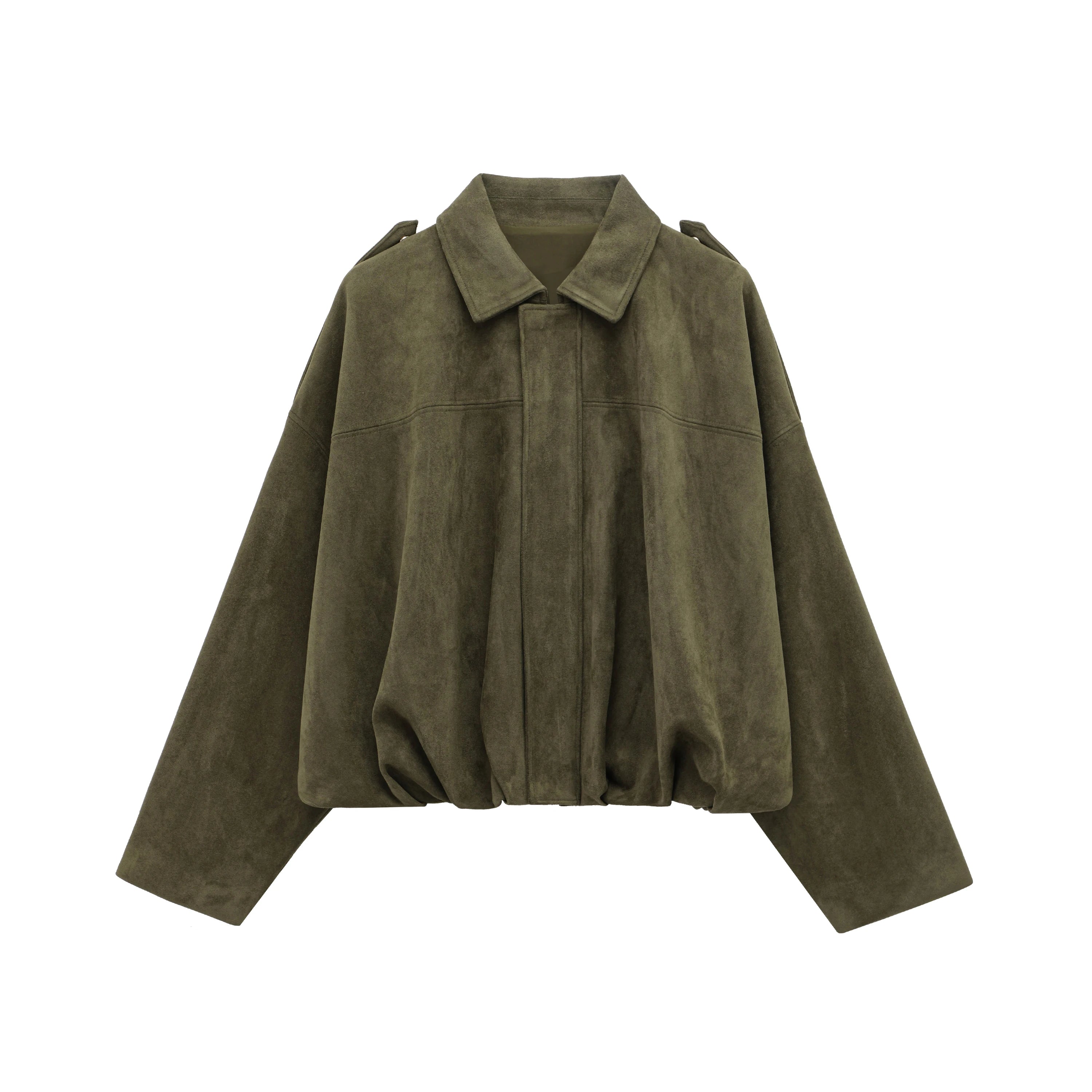 HH Women Brown Green Suede Jacket Loose Casual Bomber Coat Lapel Zipper Long Sleeve Jackets Vintage Lady Motorcycle Outwears