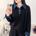 New Autumn Winter Polo Collar Denim Splicing Sweater Women'S Fashion Red Ice Silk Thin Thread Cardigan Sleeveless Pure Color