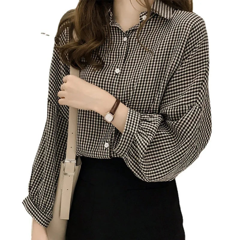 Women Shirt Plaid Blouses Lantern Sleeves Turn down Collar Single Breasted Slight Strech Slim Fit Office Lady Casual 2026 Autumn
