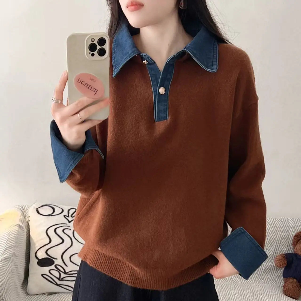 New Autumn Winter Polo Collar Denim Splicing Sweater Women'S Fashion Red Ice Silk Thin Thread Cardigan Sleeveless Pure Color