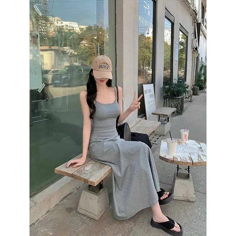 Women'S Sleeveless Spaghetti Strap Midi Dress Hepburn Style French Pure Desire Bodycon Flare Dress Casual Vacation Beach Outfit