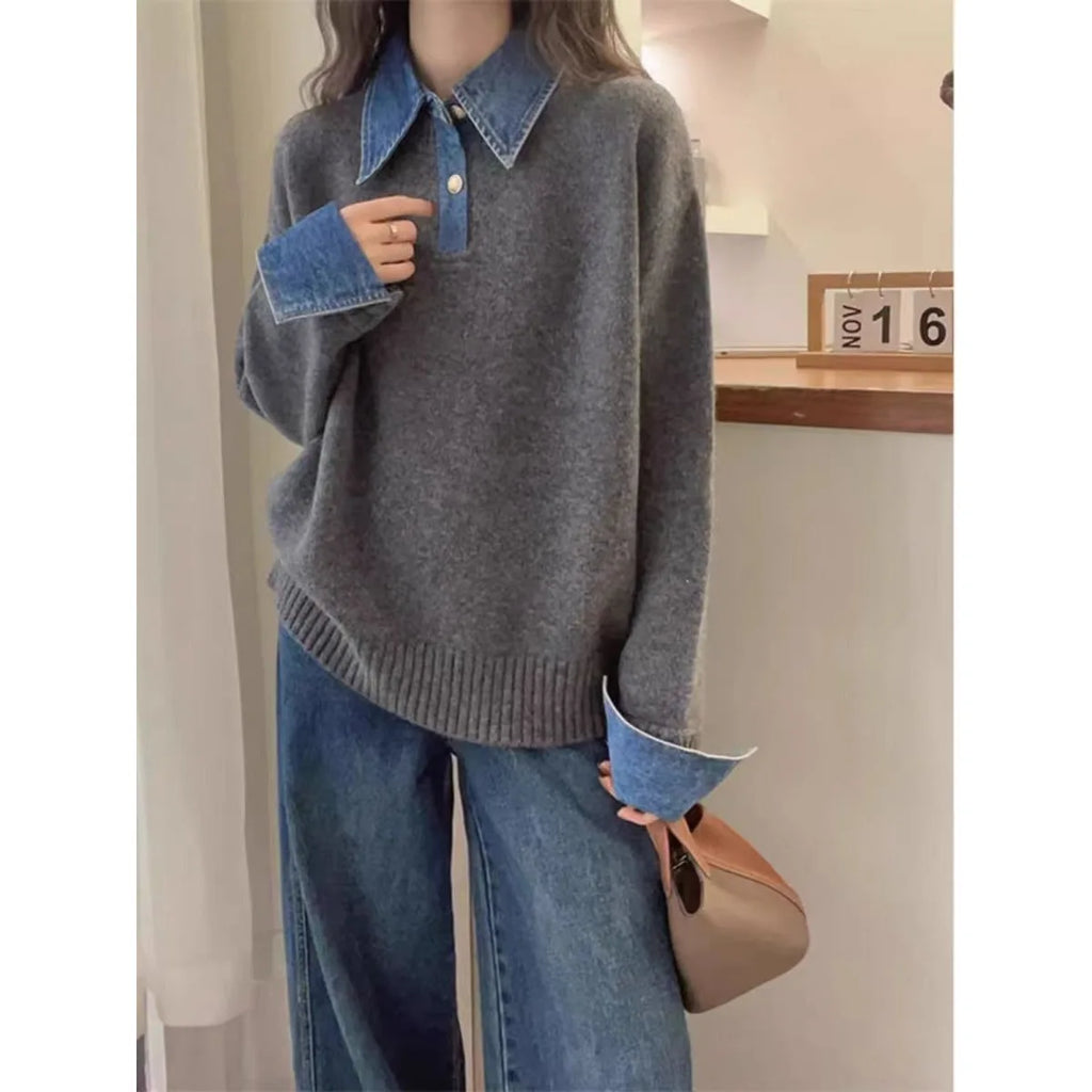 New Autumn Winter Polo Collar Denim Splicing Sweater Women'S Fashion Red Ice Silk Thin Thread Cardigan Sleeveless Pure Color