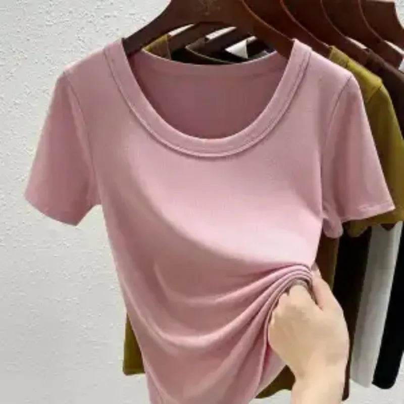 Women'S High Stretch Ribbed T-Shirt Crew Neck Short Sleeve Loose Casual Summer Top