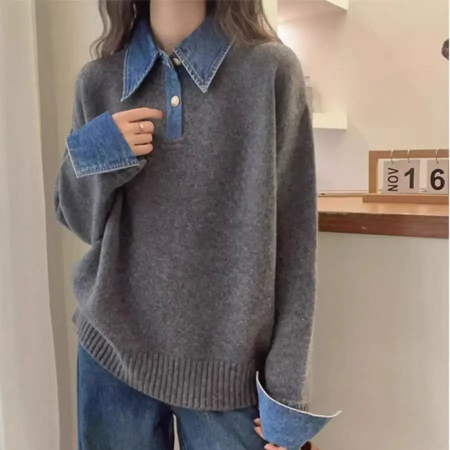 New Autumn Winter Polo Collar Denim Splicing Sweater Women'S Fashion Red Ice Silk Thin Thread Cardigan Sleeveless Pure Color