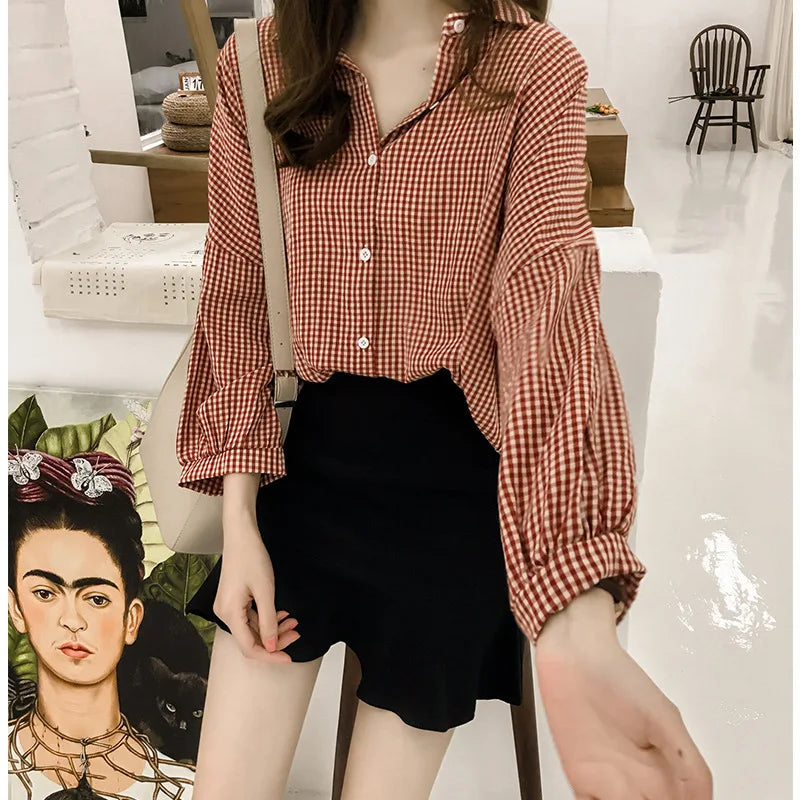 Women Shirt Plaid Blouses Lantern Sleeves Turn down Collar Single Breasted Slight Strech Slim Fit Office Lady Casual 2026 Autumn