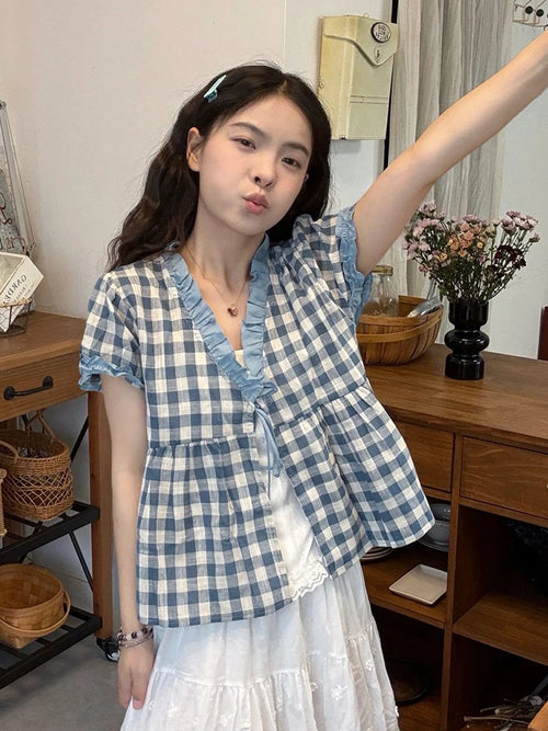 Cute Casual Plaid Blouse Women Loose Lace Patchwork Korean Shirt Summer Vintage Short Sleeve V Neck Female Sweet Tops New