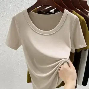 Women'S High Stretch Ribbed T-Shirt Crew Neck Short Sleeve Loose Casual Summer Top