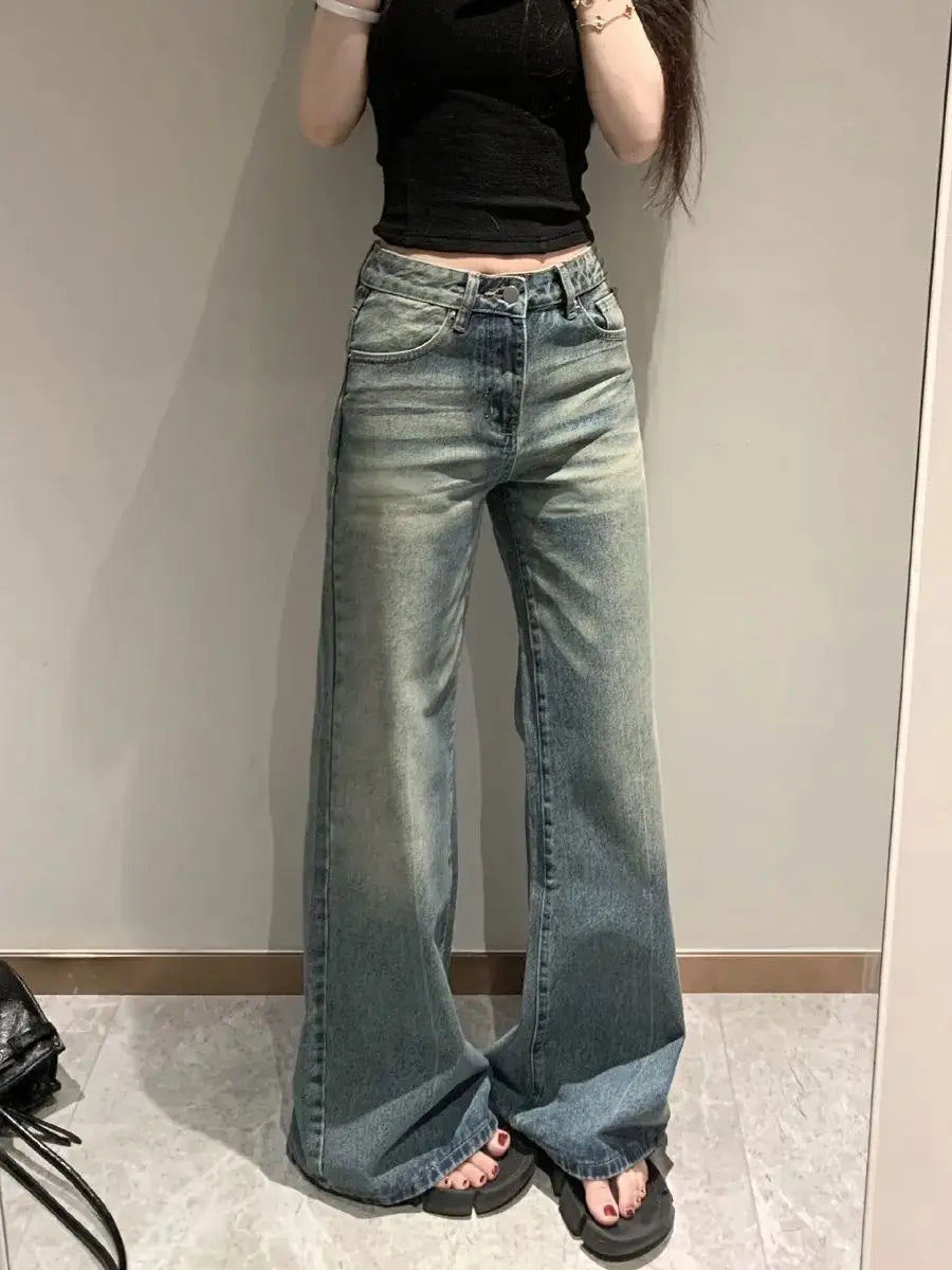 Women Vintage Washed Wide Leg Jeans High Waist Loose Flared Denim Pants Casual Streetwear Trousers