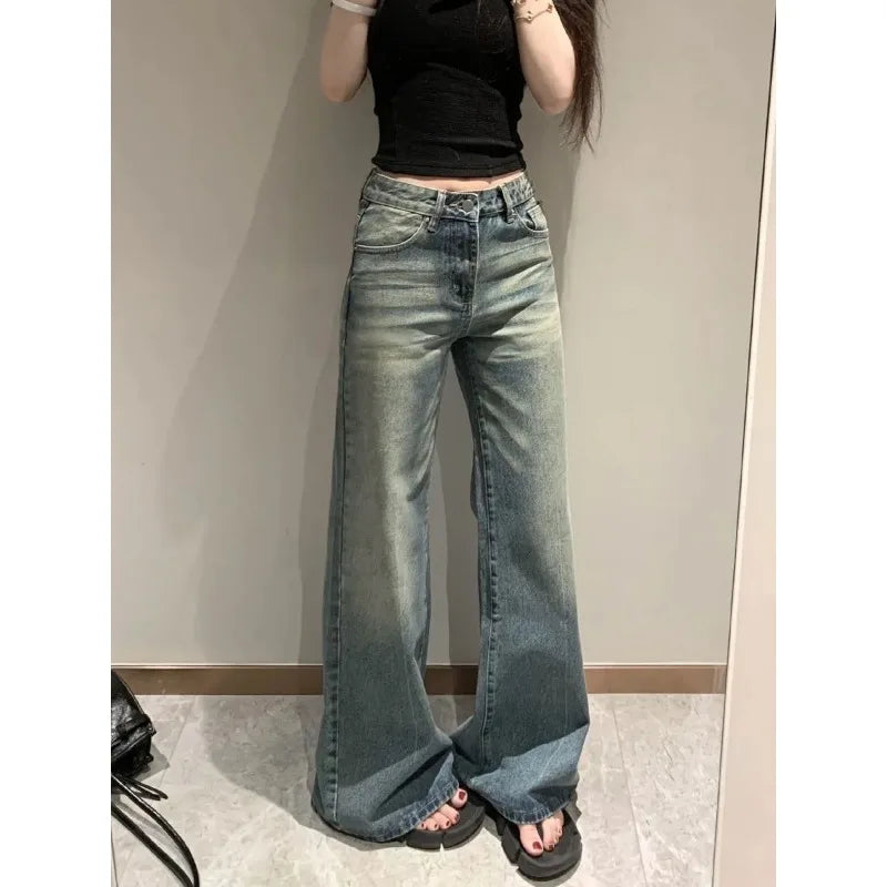 Women Vintage Washed Wide Leg Jeans High Waist Loose Flared Denim Pants Casual Streetwear Trousers